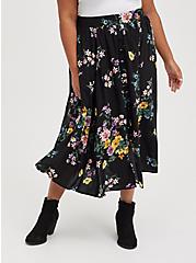 Plus Size Button Front Tea Length Skirt - Challis Floral Black, FLORAL - BLACK, hi-res