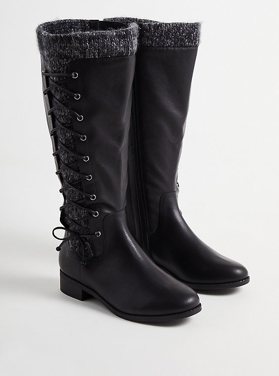 Sweater Criss-Cross Knee Boot - Black Faux Leather (WW), BLACK, hi-res