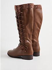 Brown Faux Leather Sweater Criss-Cross Knee Boot (WW), BROWN, alternate