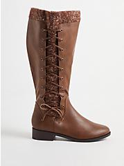 Brown Faux Leather Sweater Criss-Cross Knee Boot (WW), BROWN, alternate