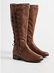Brown Faux Leather Sweater Criss-Cross Knee Boot (WW), BROWN, hi-res