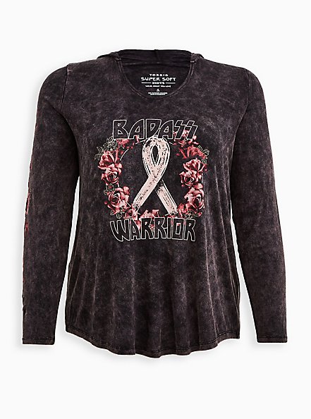 Breast Cancer Awareness Hoodie - Super Soft Warrior Mineral Wash Black, DEEP BLACK, hi-res