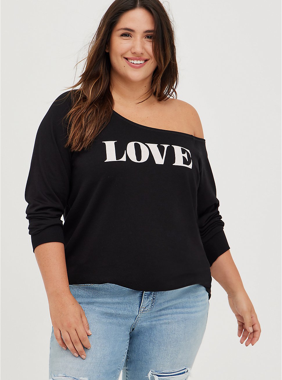 Plus Size Graphic Classic Fit Lt Weight French Terry Off-Shoulder Sweatshirt, BCA LOVE BLACK, hi-res