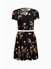 Plus Size Tiered Crop Top + Mini Skirt Set - Super Soft Floral Black, FLORAL - BLACK, hi-res