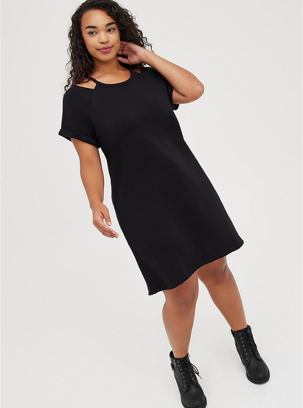 Plus Size Cold Shoulder Dress - Cozy Fleece Black, DEEP BLACK, hi-res