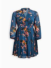 Voluminous Boot Dress - Chiffon Clip Dot Floral Blue, FLORAL - BLUE, hi-res