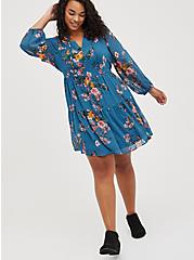 Plus Size Voluminous Boot Dress - Chiffon Clip Dot Floral Blue, FLORAL - BLUE, hi-res