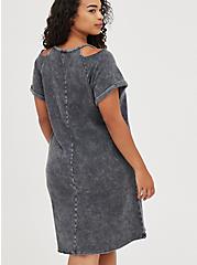 Plus Size Cold Shoulder Dress - Cozy Fleece Charcoal Mineral Wash, TIE DYE - GREY, alternate