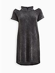Plus Size Cold Shoulder Dress - Cozy Fleece Charcoal Mineral Wash, TIE DYE - GREY, hi-res