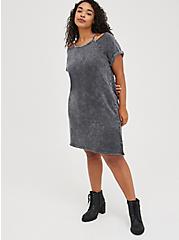 Plus Size Cold Shoulder Dress - Cozy Fleece Charcoal Mineral Wash, TIE DYE - GREY, hi-res