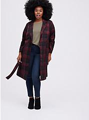 Plus Size Longline Trench Coat - Double Knit Plaid Red , MULTI, alternate