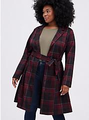 Longline Trench Coat - Double Knit Plaid Red , MULTI, hi-res