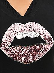 Plus Size Breast Cancer Awareness Raglan Hoodie Sweater - Luxe Cozy Sequined Lips Black, DEEP BLACK, alternate