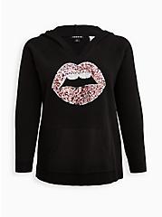 Plus Size Breast Cancer Awareness Raglan Hoodie Sweater - Luxe Cozy Sequined Lips Black, DEEP BLACK, hi-res