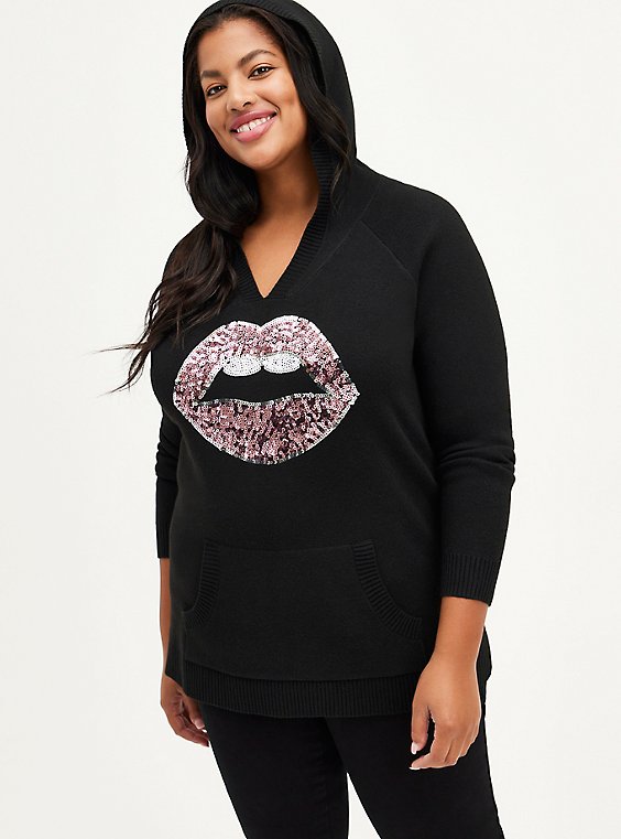 Raglan Hoodie Sweater - Luxe Cozy Sequined Lips Black, DEEP BLACK, hi-res