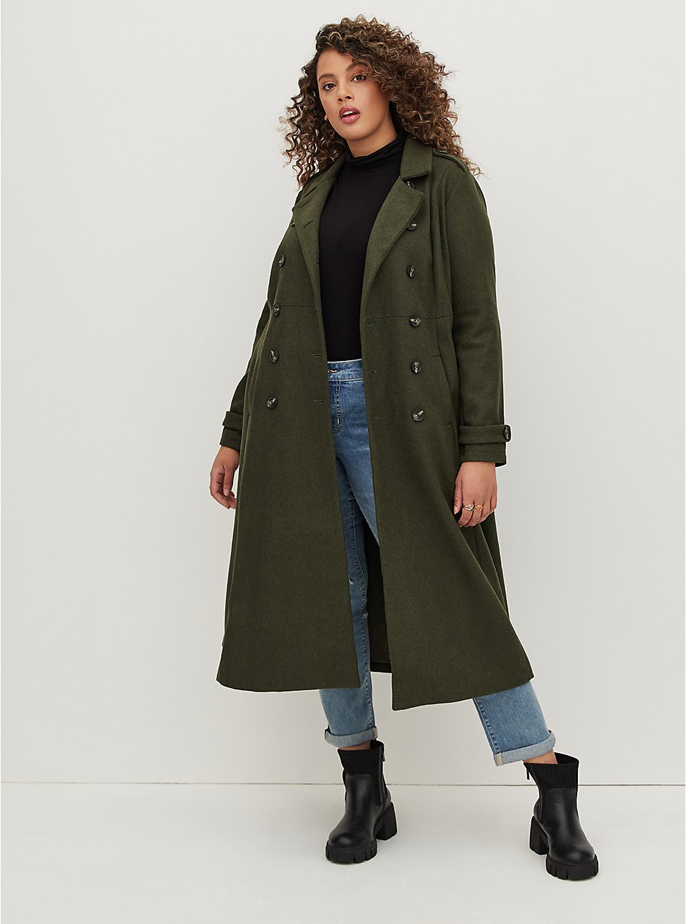 Plus Size Fit & Flare Military Coat - Wool Olive Green, DEEP DEPTHS, hi-res