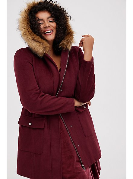 Zip Front Coat - Wool Faux Fur Hooded Deep Red, RED, alternate