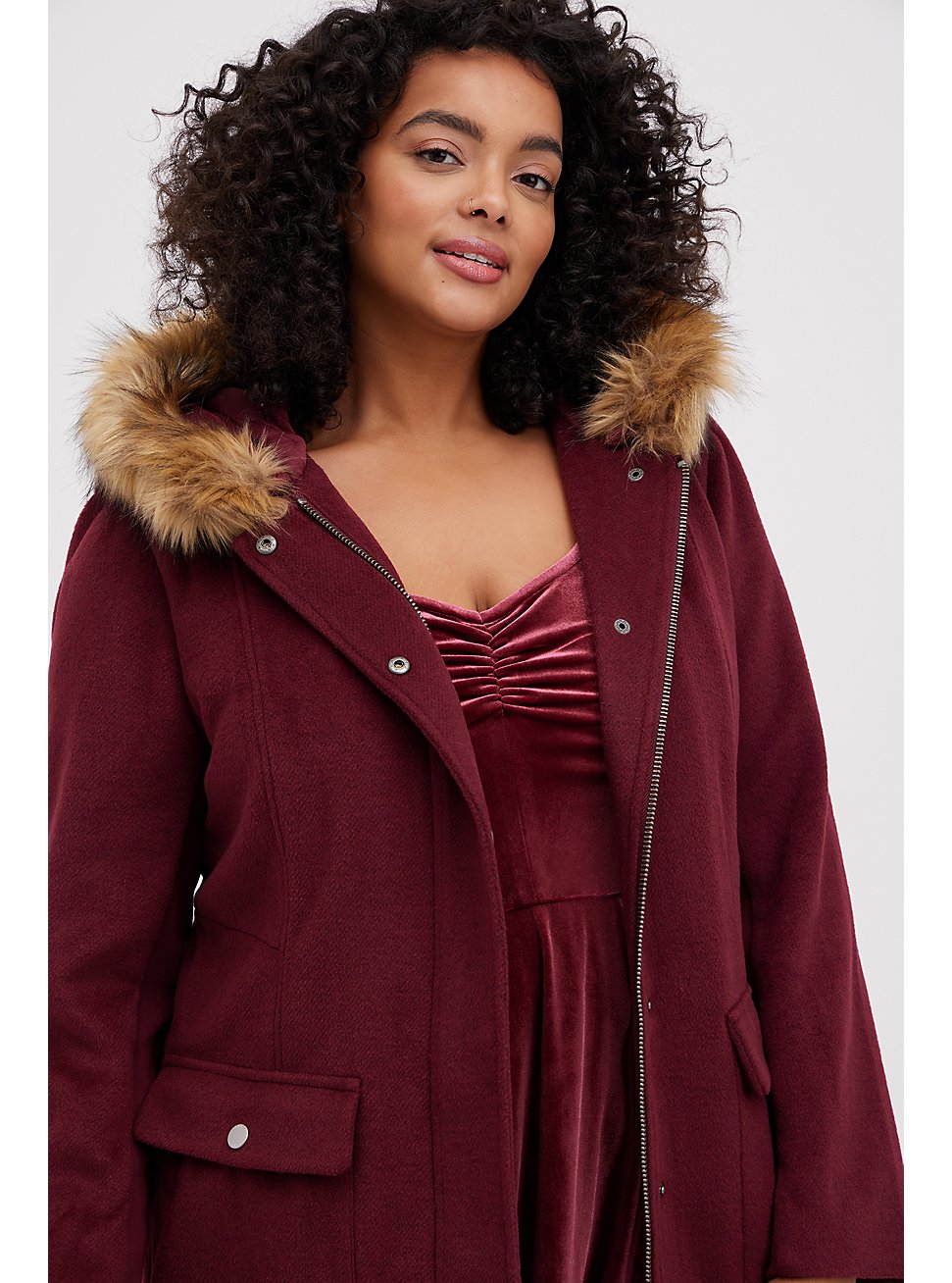 Zip Front Coat - Wool Faux Fur Hooded Deep Red, RED, hi-res