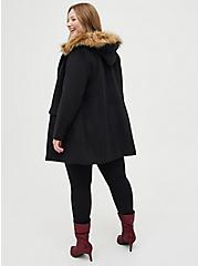 Zip Front Coat - Wool Faux Fur Hooded Deep Black, DEEP BLACK, alternate