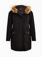 Zip Front Coat - Wool Faux Fur Hooded Deep Black, DEEP BLACK, hi-res