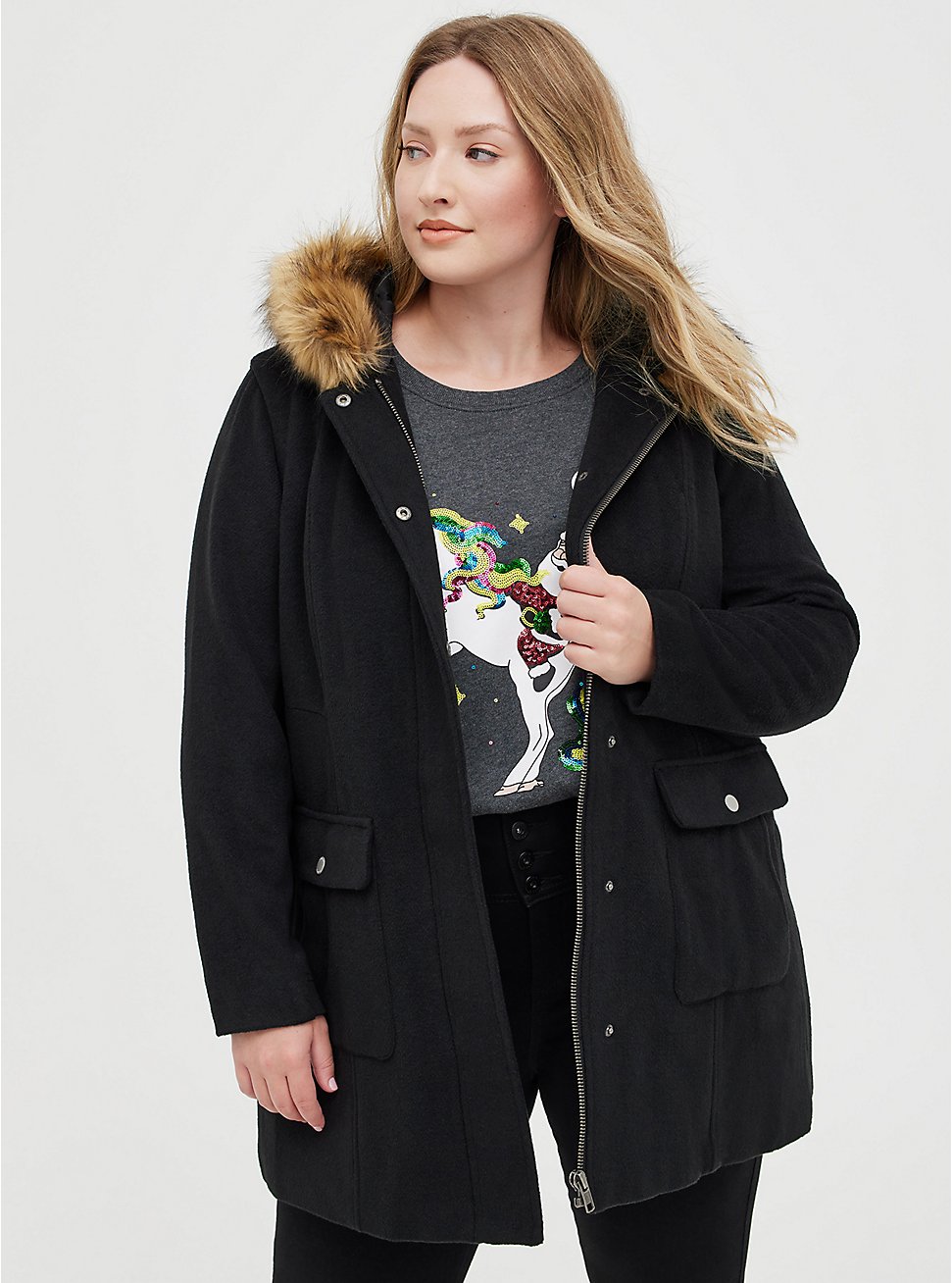 Zip Front Coat - Wool Faux Fur Hooded Deep Black, DEEP BLACK, hi-res