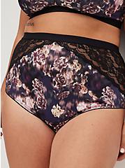 Plus Size High Waist Cut-Out Cheeky Panty - Microfiber & Lace Floral, BLUR ROSES- BLACK, alternate