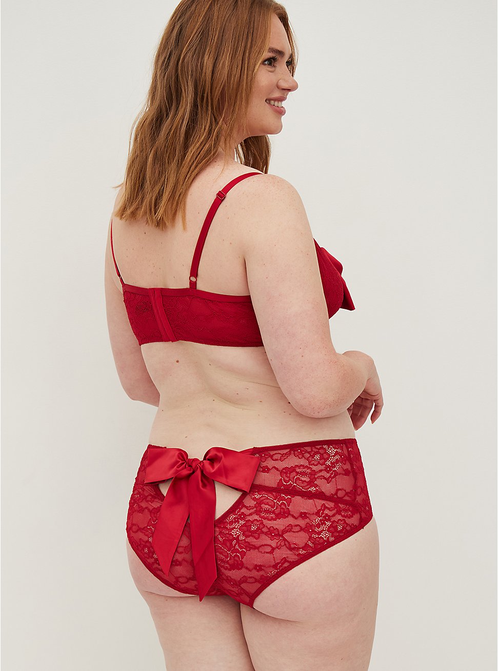 Plus Size Open Back Cheeky Panty - Satin & Lace Bow Red, JESTER RED, hi-res