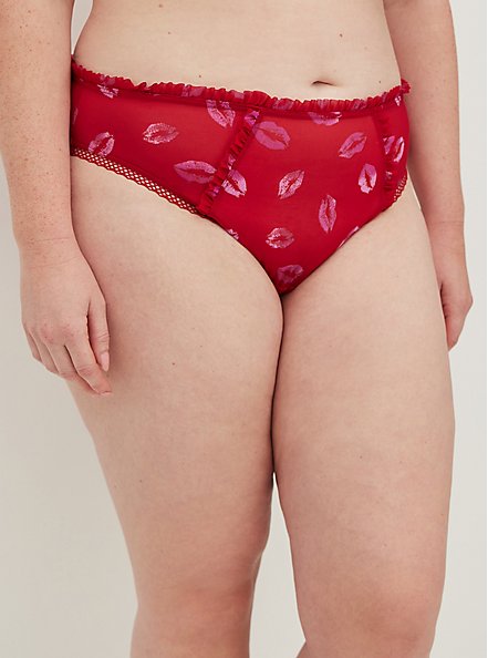 Plus Size Bikini Panty - Ruffle Mesh Lips Red, HOLIDAY LIPS- RED, alternate