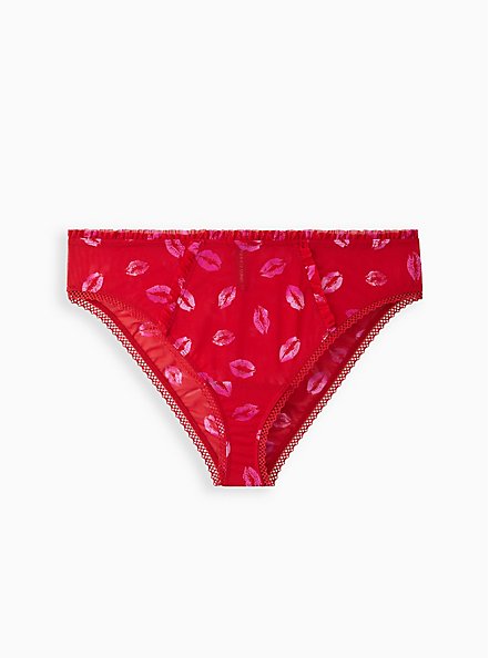 Plus Size Bikini Panty - Ruffle Mesh Lips Red, HOLIDAY LIPS- RED, hi-res