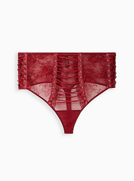 High Waist Thong Panty - Lace Up Red, BIKING RED, hi-res