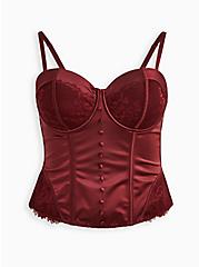 Lace-Up Corset Bustier - Satin and Lace Burgundy, , hi-res