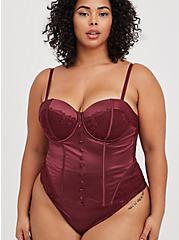 Lace-Up Corset Bustier - Satin and Lace Burgundy, , hi-res