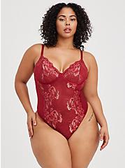Plus Size Underwire Thong Bodysuit - Lace Red & Gold, BIKING RED, alternate