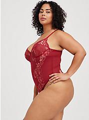 Plus Size Underwire Thong Bodysuit - Lace Red & Gold, BIKING RED, alternate
