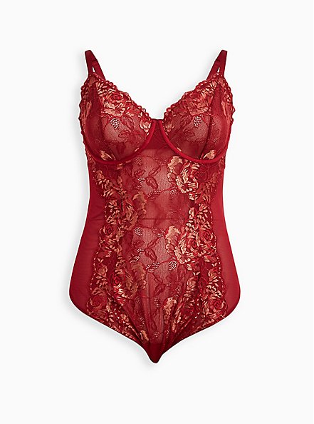 Underwire Thong Bodysuit - Lace Red & Gold, BIKING RED, hi-res