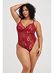 Plus Size Underwire Thong Bodysuit - Lace Red & Gold, BIKING RED, hi-res