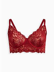 Plus Size Unlined Longline Underwire Bra - Lace Red & Gold, BIKING RED, hi-res