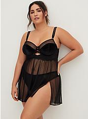 Velour And Lace Babydoll, RICH BLACK, hi-res