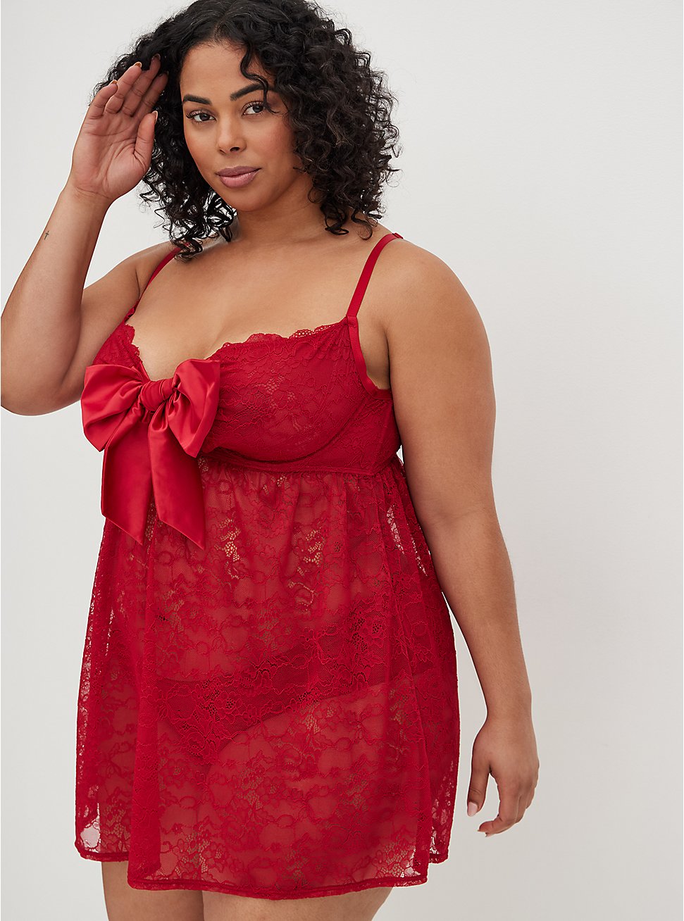 Plus Size Underwire Babydoll Top - Lace & Bow Red, JESTER RED, hi-res