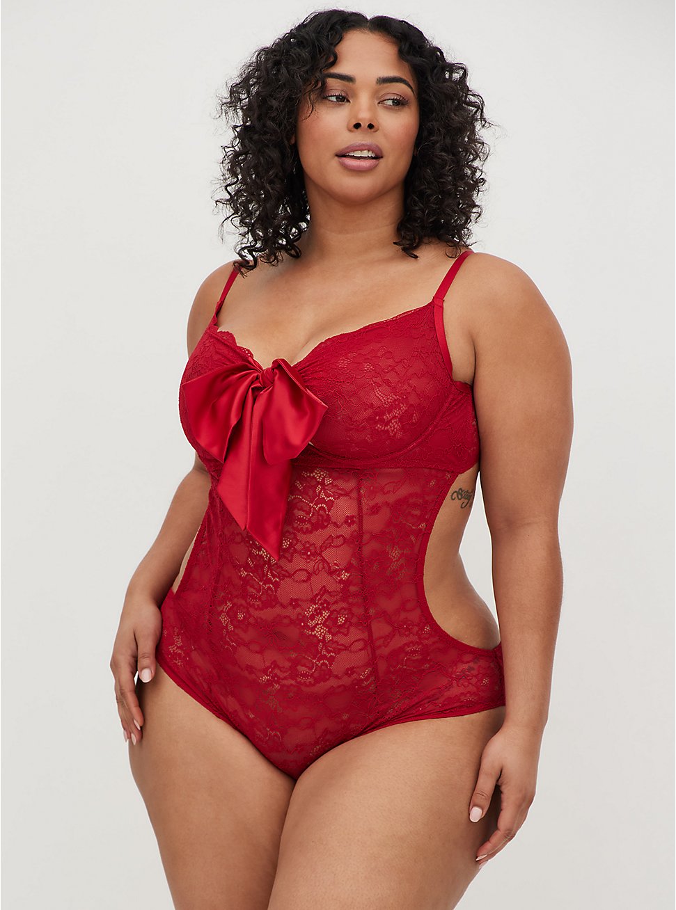 Plus Size Underwire Bodysuit - Lace & Bow Red, JESTER RED, hi-res