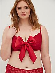 Unlined Underwire Longline Bra - Satin & Lace Bow Red, JESTER RED, hi-res