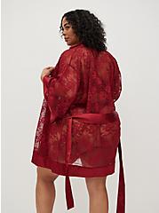 Plus Size Mid-Length Sleeve Kimono Robe - Lace Red, BIKING RED, alternate