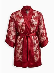 Plus Size Mid-Length Sleeve Kimono Robe - Lace Red, BIKING RED, hi-res