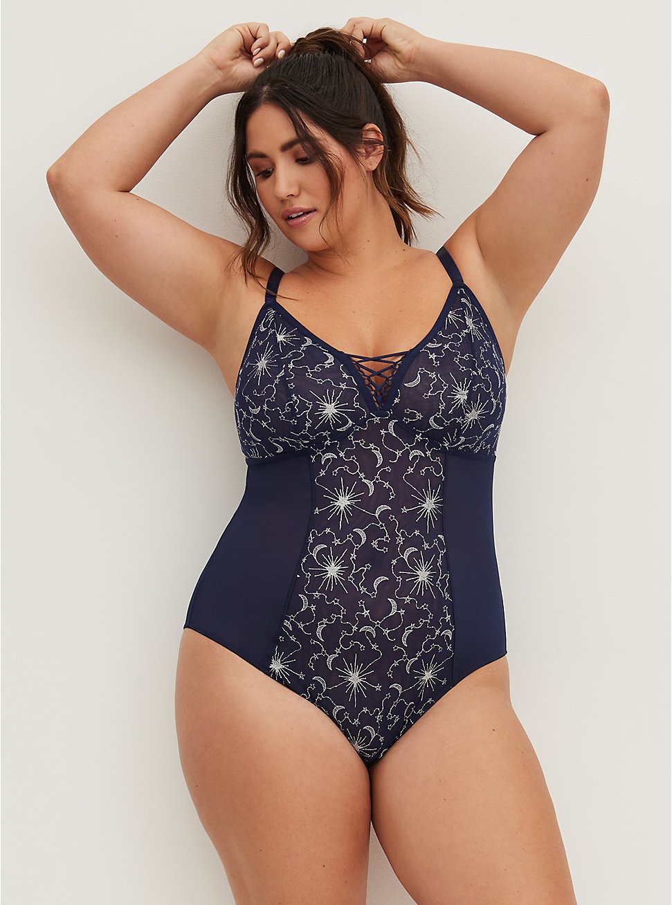 Plus Size Bodysuit - Mesh Embroidered Stars Blue & Silver, , hi-res