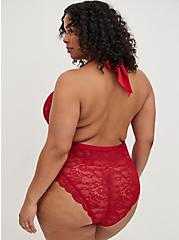 Plus Size Bodysuit - Lace Halter Bow Red, JESTER RED, alternate