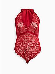 Plus Size Bodysuit - Lace Halter Bow Red, JESTER RED, hi-res