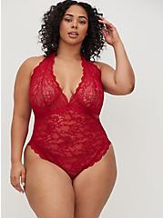 Plus Size Bodysuit - Lace Halter Bow Red, JESTER RED, hi-res