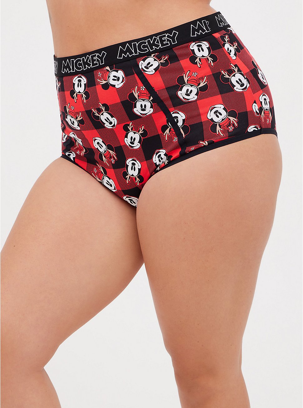 Plus Size Disney High Waist Cheeky Panty - Cotton Mickey Mouse Plaid Red, MULTI, hi-res