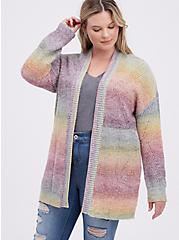Plus Size Open Front Cardigan Sweater - Rainbow, STRIPE - MULTICOLOR, hi-res