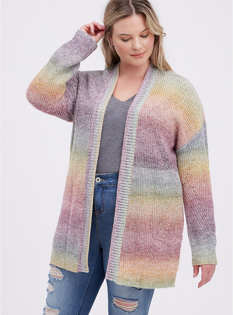 Plus Size Open Front Cardigan Sweater - Rainbow, STRIPE - MULTICOLOR, hi-res